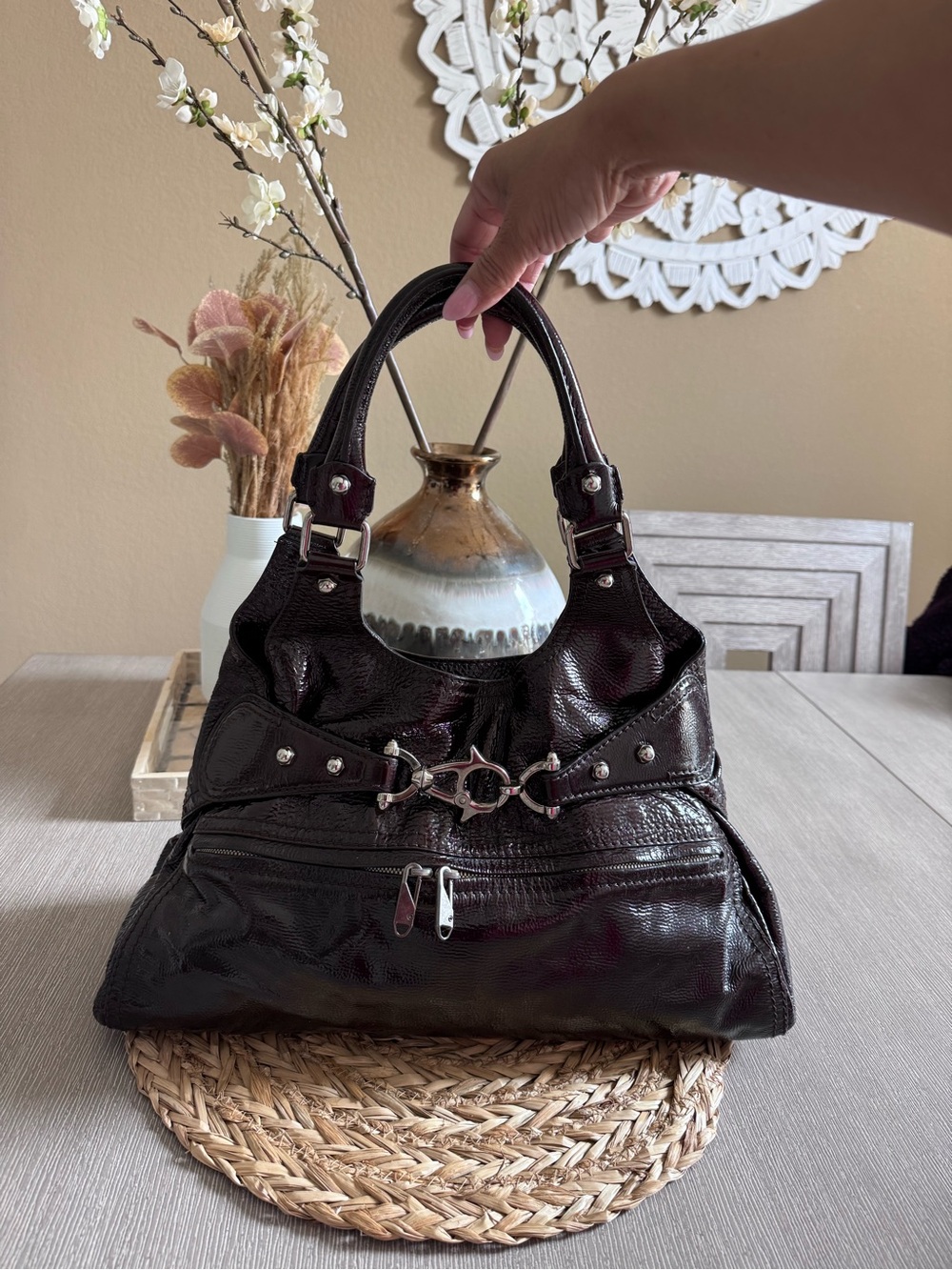 Givenchy Bettina Dark Brown Patent Leather Shoulder Bag with Silver Hardware
